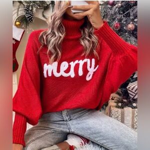 Red Turtleneck Sweater with 'Merry' Design NWOT